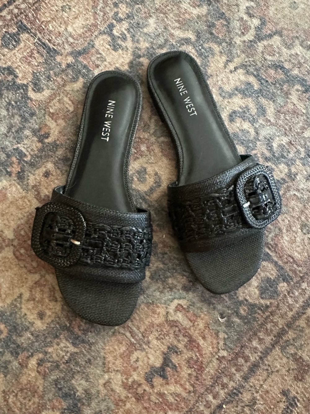 Nine West Black Woven Slide Sandals with Buckle Accent